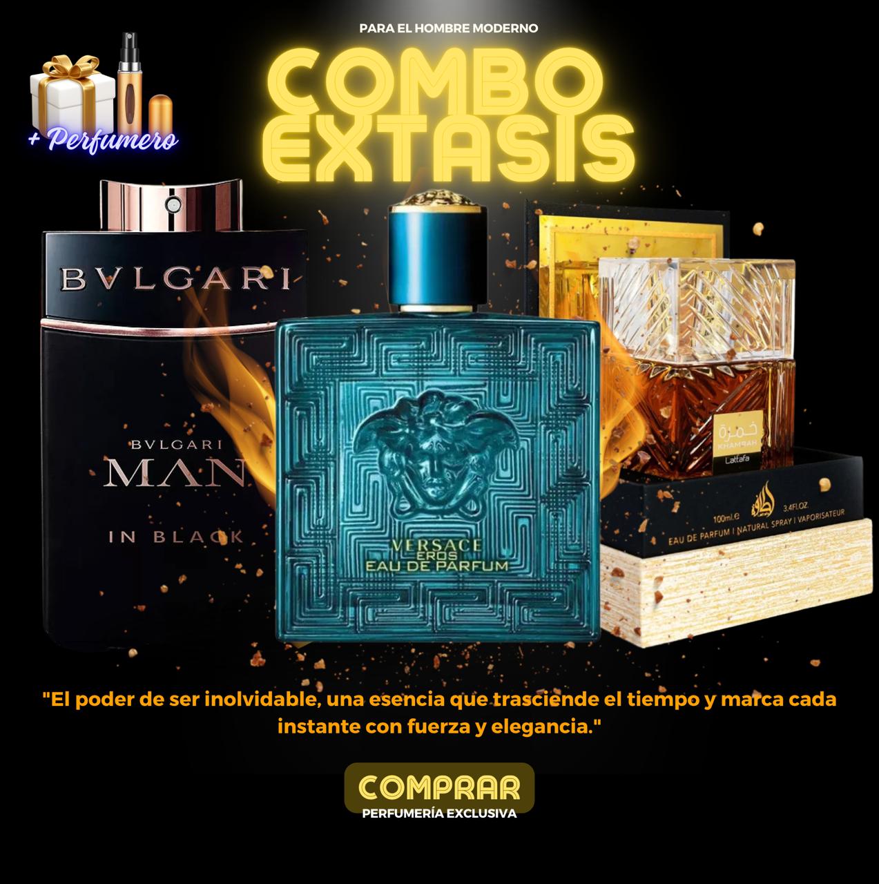 COMBO EXTASIS KHAMRAH | VERSACE EROS | BVLGARY MAN IN BLACK + PERFUMERO GRATIS